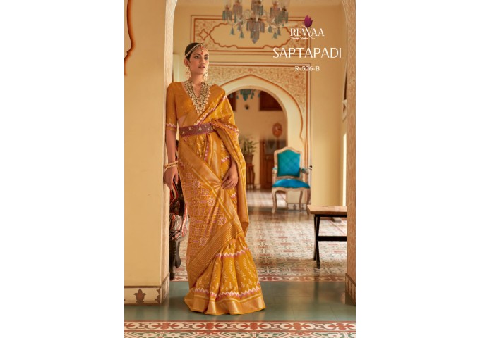 Rewaa Saptapadi Smooth Dola Silk Patola Saree Golden