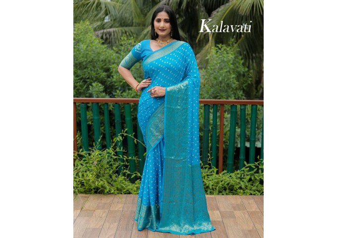 Kanjivaram Bandhej Silk Saree Sky Blue