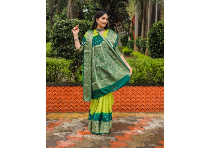 Kanjivaram Bandhej Silk Saree Mehandi Green