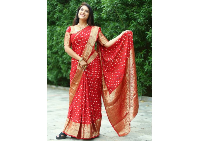 Kanjivaram Bandhej Silk Saree Red