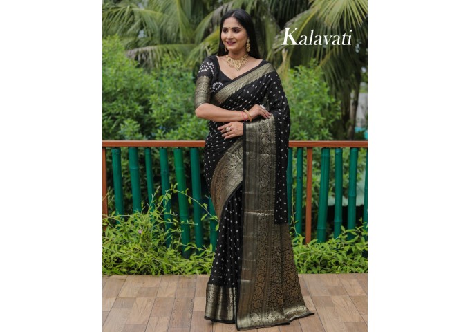 Kanjivaram Bandhej Silk Saree Sky Black