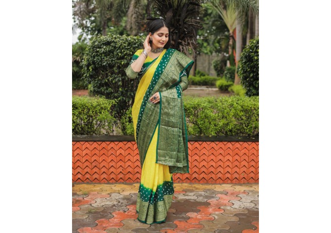 Kanjivaram Bandhej Silk Saree Yellow