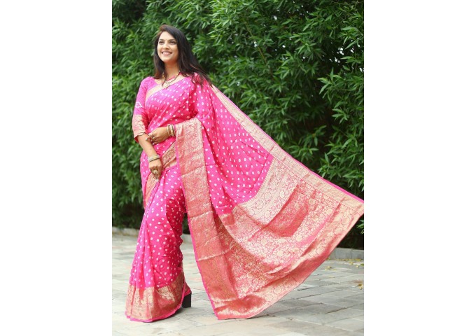 Kanjivaram Bandhej Silk Saree Pink