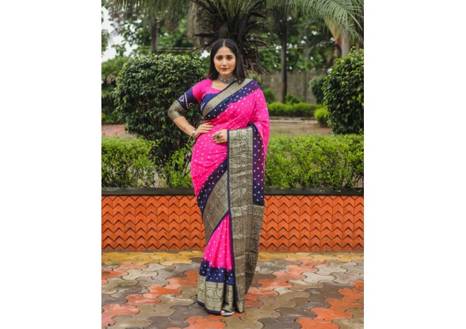 Kanjivaram Bandhej Silk Saree Pink| Blue