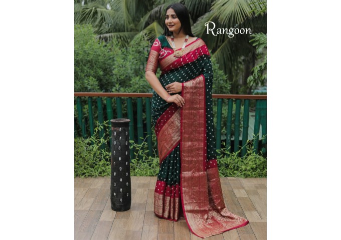 Kanjivaram Bandhej Silk Saree Black|Brown