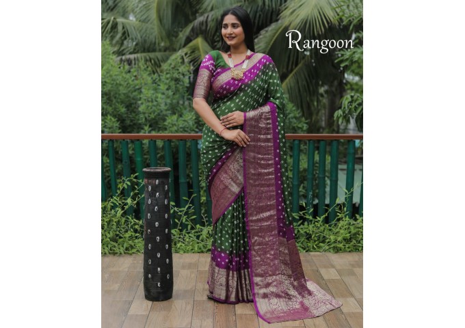 Kanjivaram Bandhej Silk Saree Green|Purple