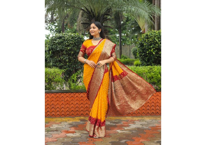 Kanjivaram Bandhej Silk Saree Orange