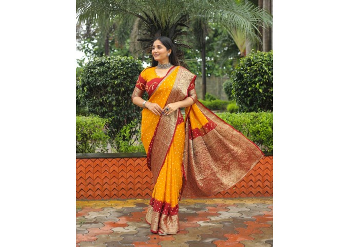 Kanjivaram Bandhej Silk Saree Orange