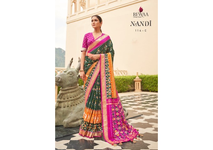 Rewaa Nandi Soft Patola Silk Saree Green|Pink 2