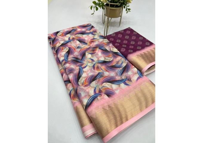 Sakhi Heavy Linen Digital Print with Golden Jacquard Border Multi Color