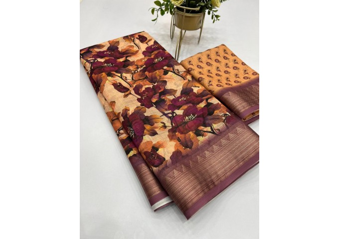 Sakhi Heavy Linen Digital Print with Golden Jacquard Border Chocolate Brown