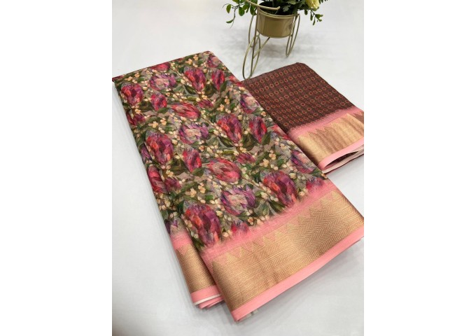 Sakhi Heavy Linen Digital Print with Golden Jacquard Border Brown|Multi Color