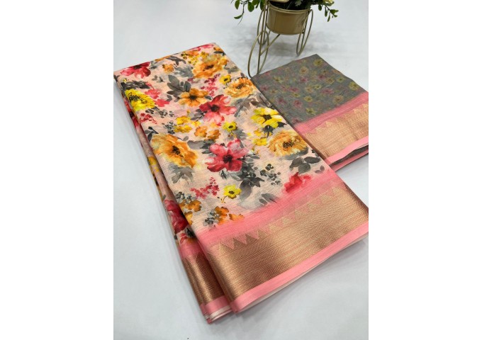 Sakhi Heavy Linen Digital Print with Golden Jacquard Border