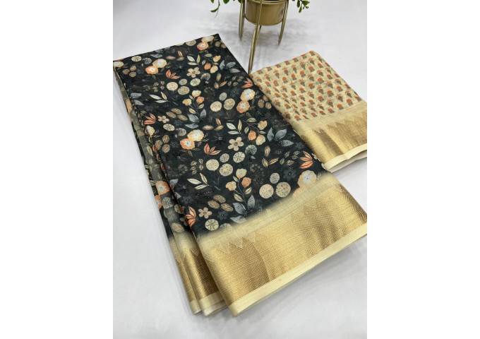 Sakhi Heavy Linen Digital Print with Golden Jacquard Border Dark Green