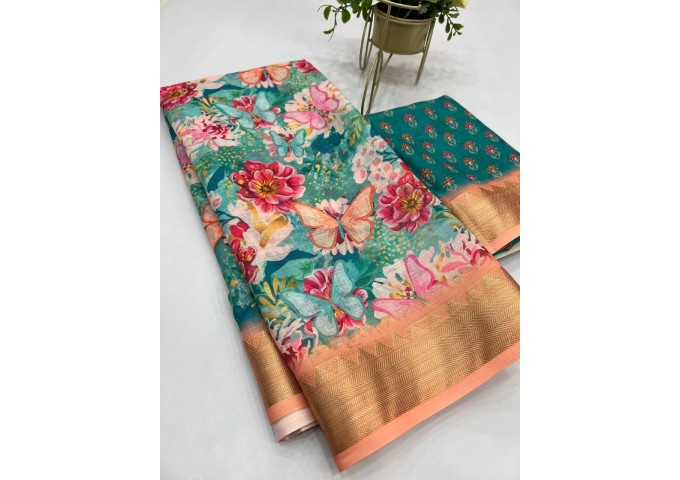 Sakhi Heavy Linen Digital Print with Golden Jacquard Border Multi Color 2