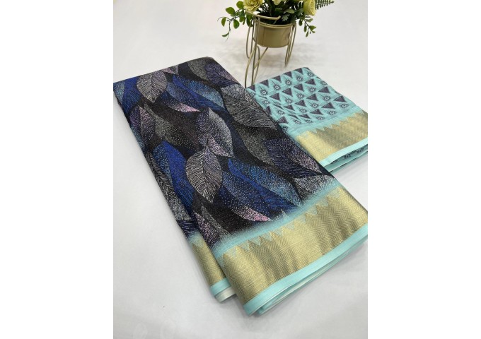 Sakhi Heavy Linen Digital Print with Golden Jacquard Border Blue|Green