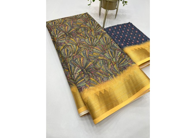 Sakhi Heavy Linen Digital Print with Golden Jacquard Border Mehndi Green