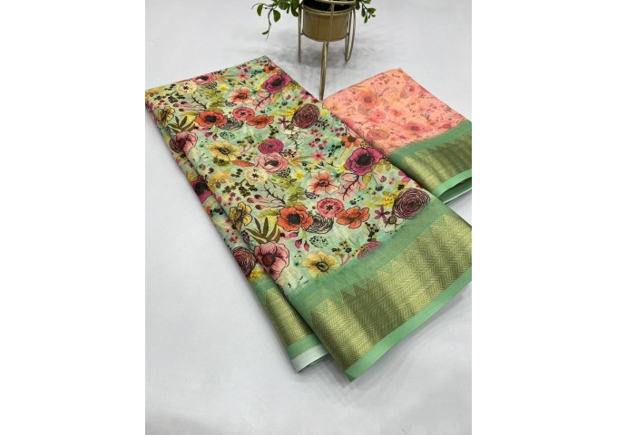 Sakhi Heavy Linen Digital Print with Golden Jacquard Border Green|Mutli Color