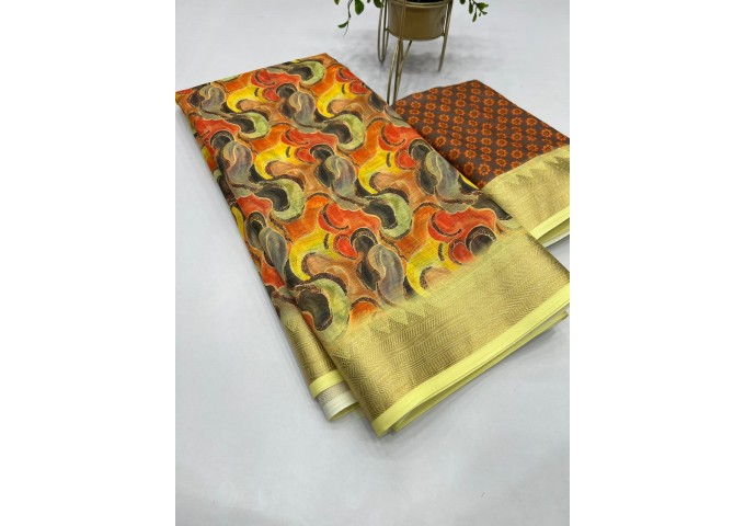 Sakhi Heavy Linen Digital Print with Golden Jacquard Border Red|Yellow