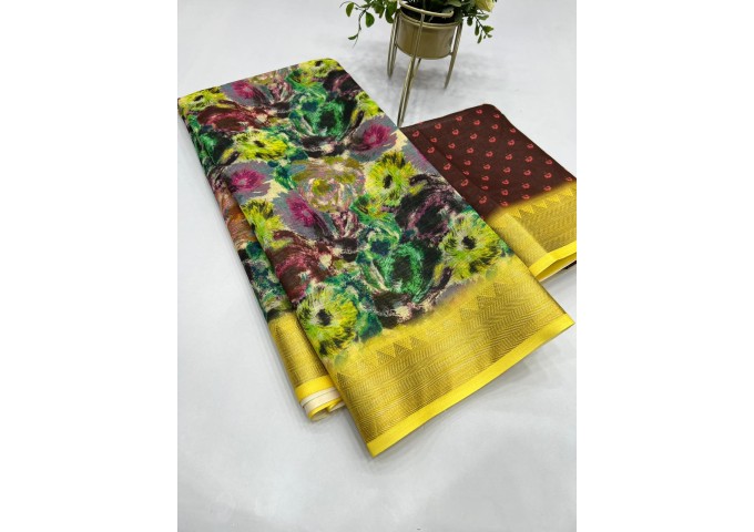 Sakhi Heavy Linen Digital Print with Golden Jacquard Border 