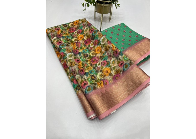 Sakhi Heavy Linen Digital Print with Golden Jacquard BorderMulti Color 2