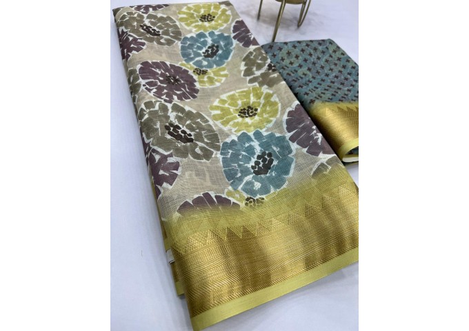 Sakhi Heavy Linen Digital Print with Golden Jacquard Border Multi Color 3