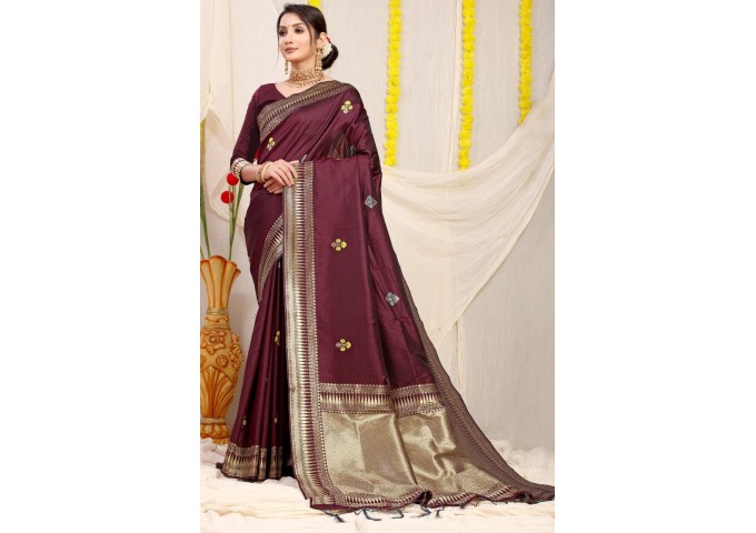 Kanchipuram Pure Silk Handloom Saree with Pure Jari Chocolate Brown 