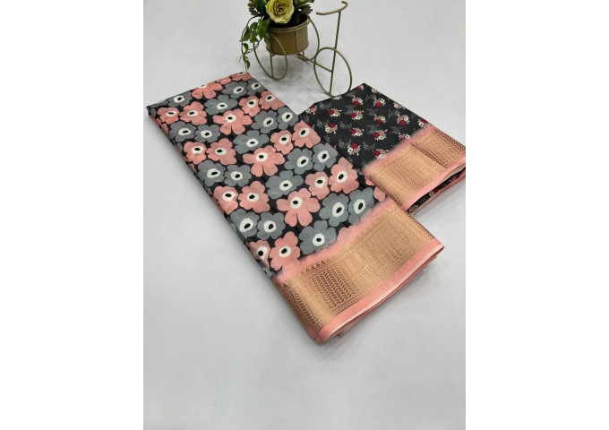 Aneri Uthappa silk Digital Print with Golden Jequard Border Brown|Black