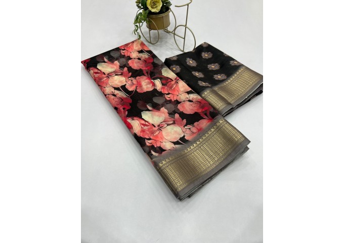 Aneri Uthappa silk Digital Print with Golden Jequard Border Green|Black