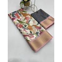 Aneri Uthappa silk Digital Print with Golden Jequard Border Brown| Multi Color
