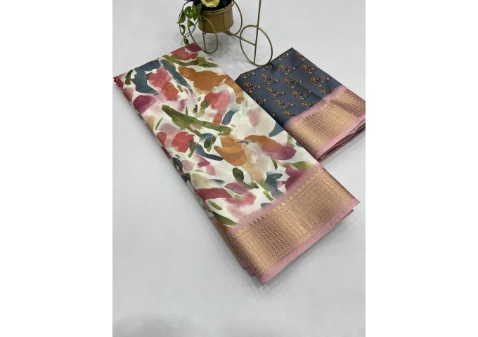 Aneri Uthappa silk Digital Print with Golden Jequard Border Brown| Multi Color