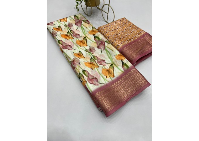 Aneri Uthappa silk Digital Print with Golden Jequard Border Brown