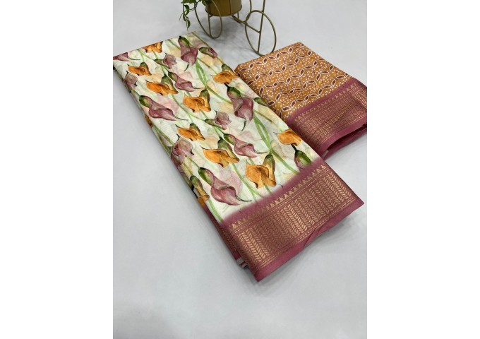 Aneri Uthappa silk Digital Print with Golden Jequard Border Brown