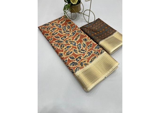 Aneri Uthappa silk Digital Print with Golden Jequard Border Golden Brown