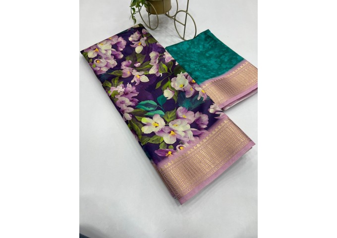 Aneri Uthappa silk Digital Print with Golden Jequard Border Blue|Green