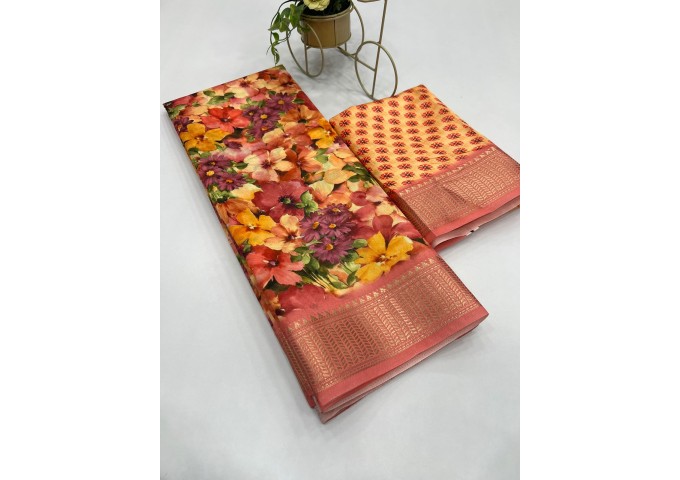 Aneri Uthappa silk Digital Print with Golden Jequard Border Orange