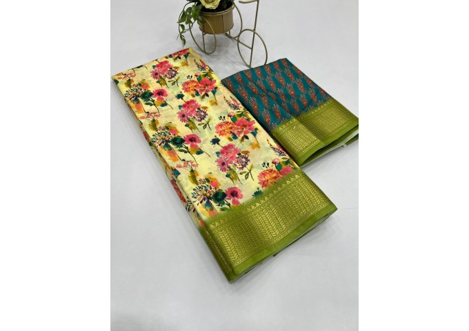 Aneri Uthappa silk Digital Print with Golden Jequard Border Yellow|Green