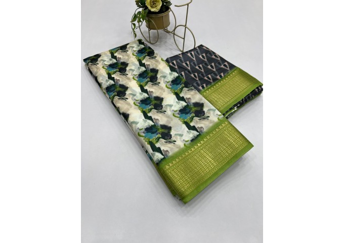 Aneri Uthappa silk Digital Print with Golden Jequard Border Dark Green