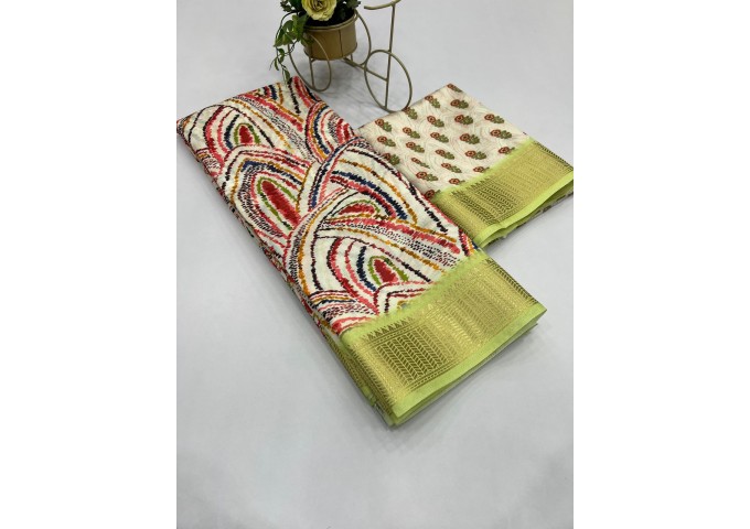 Aneri Uthappa silk Digital Print with Golden Jequard Border Parrot Green
