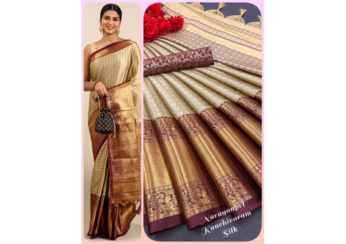 Chavi Self with Broad contrast jacquard work border with Jacquard blouse Brown 