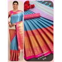 Chavi Self with Broad contrast jacquard work border with Jacquard blouse Pink|Sky Blue