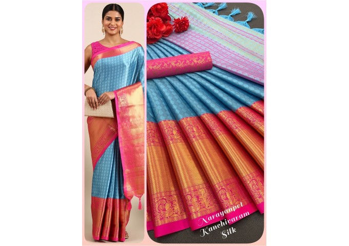 Chavi Self with Broad contrast jacquard work border with Jacquard blouse Pink|Sky Blue