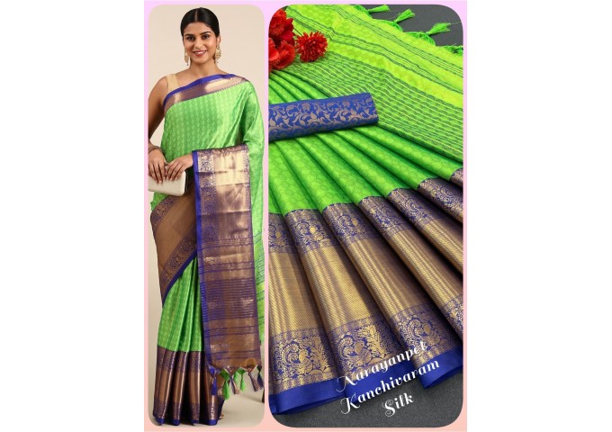 Chavi Self with Broad contrast jacquard work border with Jacquard blouse Parrot Green