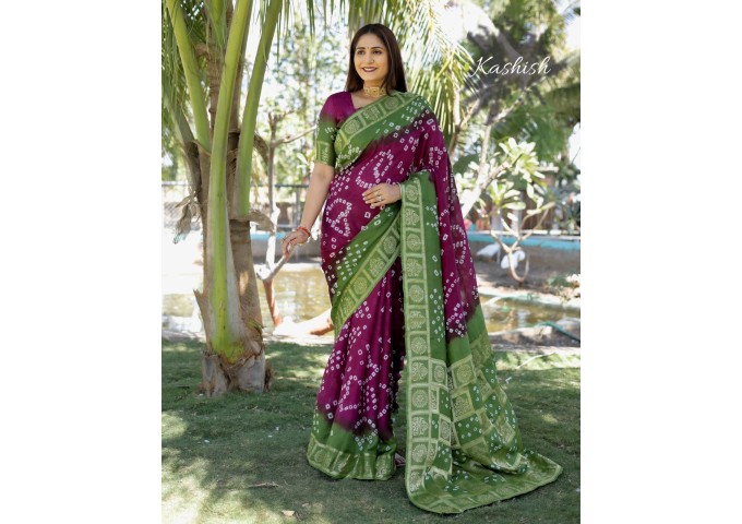 Kashish Dying Bandhej Silk Drapes Green|Purple