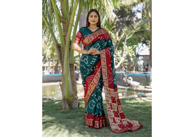 Kashish Dying Bandhej Silk Drapes Green|Red