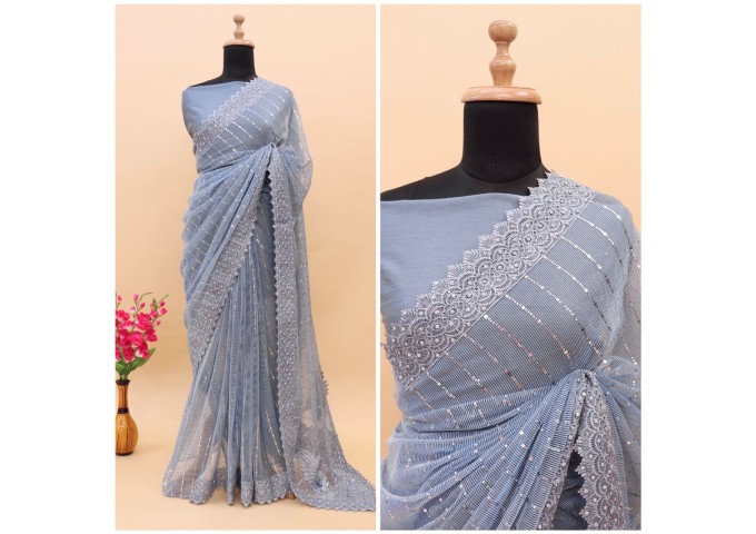 BT-3049 MunMun Tikali Heavy Embroidery Work And Diamond Work Saree Sky Blue