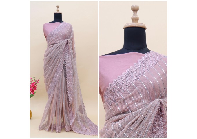 BT-3049 MunMun Tikali Heavy Embroidery Work And Diamond Work Saree Pink