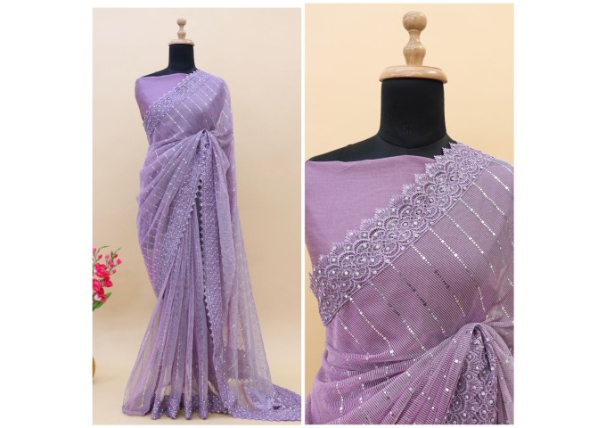 BT-3049 MunMun Tikali Heavy Embroidery Work And Diamond Work Saree Purple