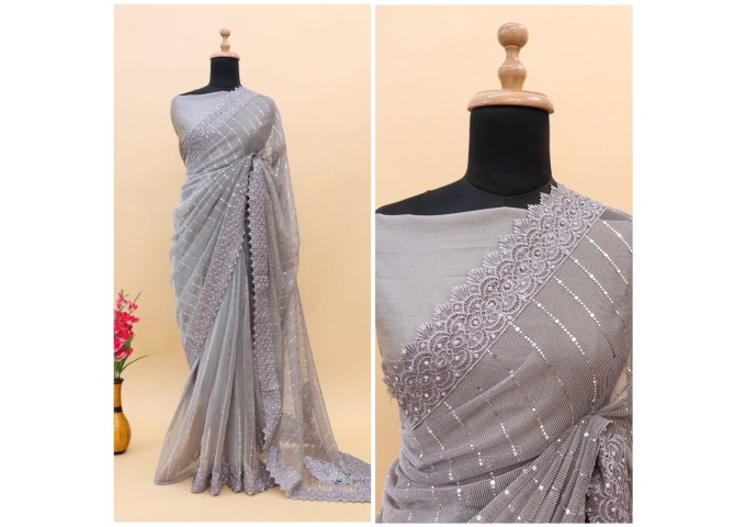 BT-3049 MunMun Tikali Heavy Embroidery Work And Diamond Work Saree Grey