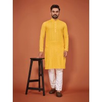 PRSANG LUCKHNOWI EMBROIDERY CHIKANKARI KURTA PYJAMA YELLOW|WHITE